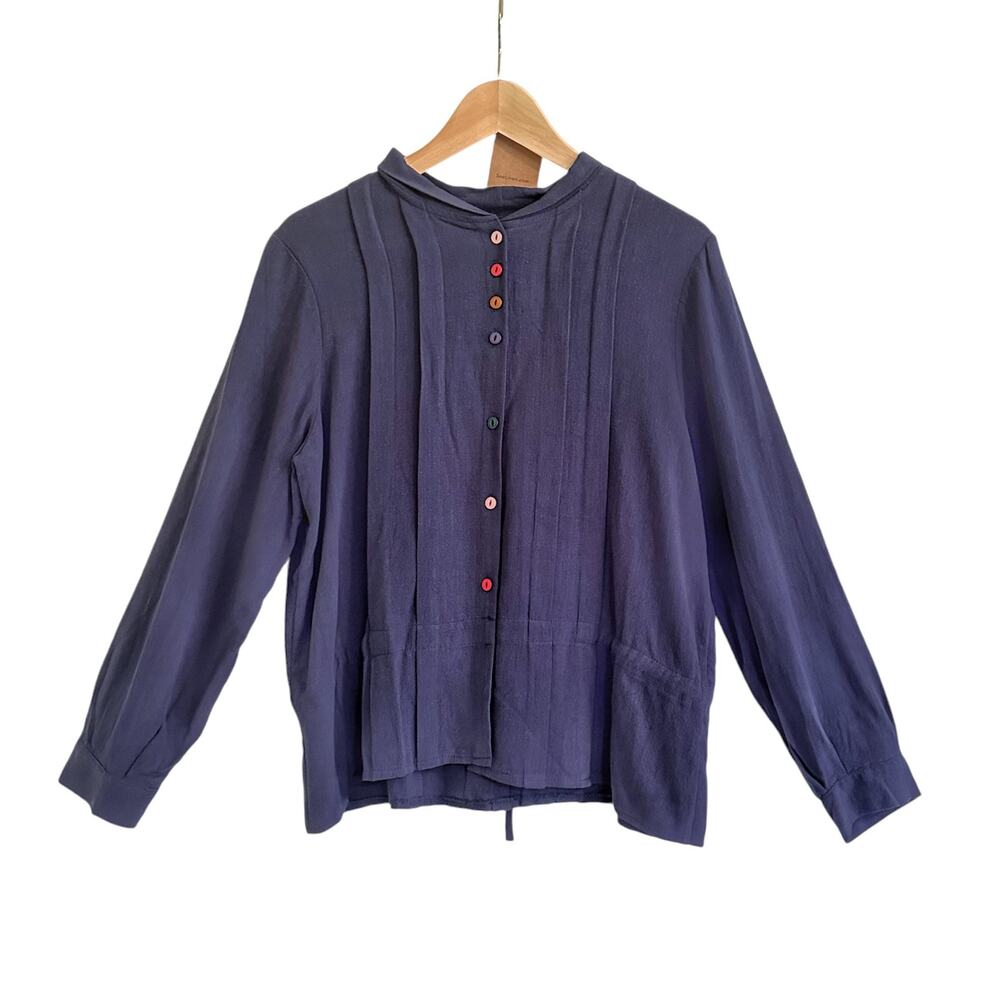 NWT SooLinen Blue Linen Pleated Drawstring Multicolor Button Down Shirt Medium